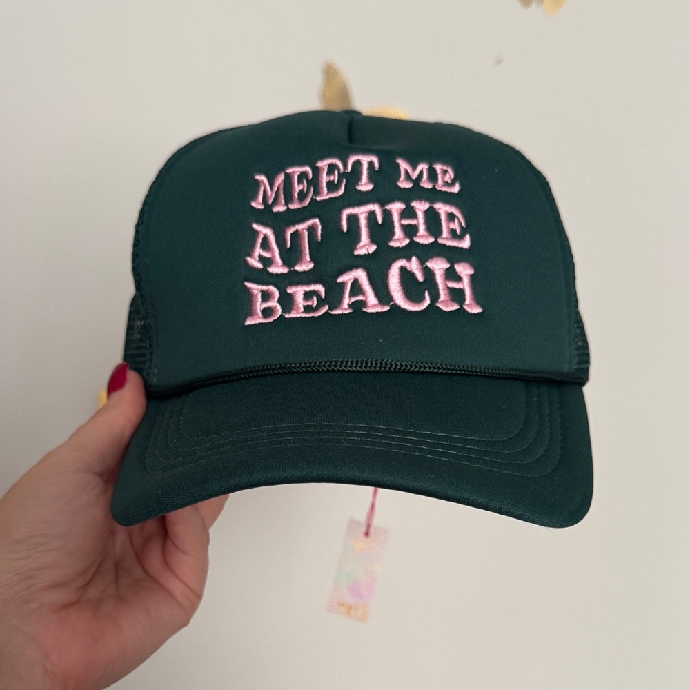 Green Trucker Hat with Pink Embroidery